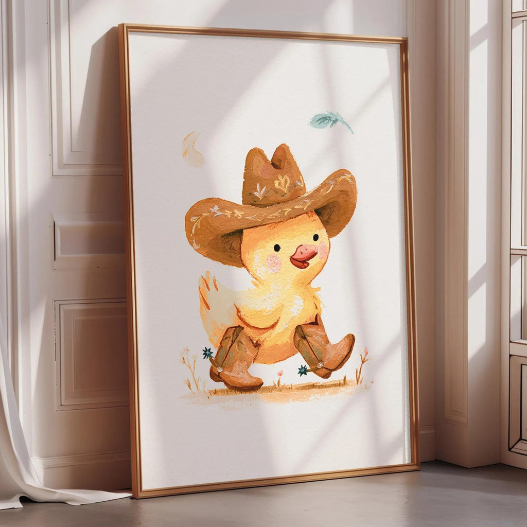a framed illustration of a cartoon duck wearing a cowboy hat and boots, sitting on the ground.