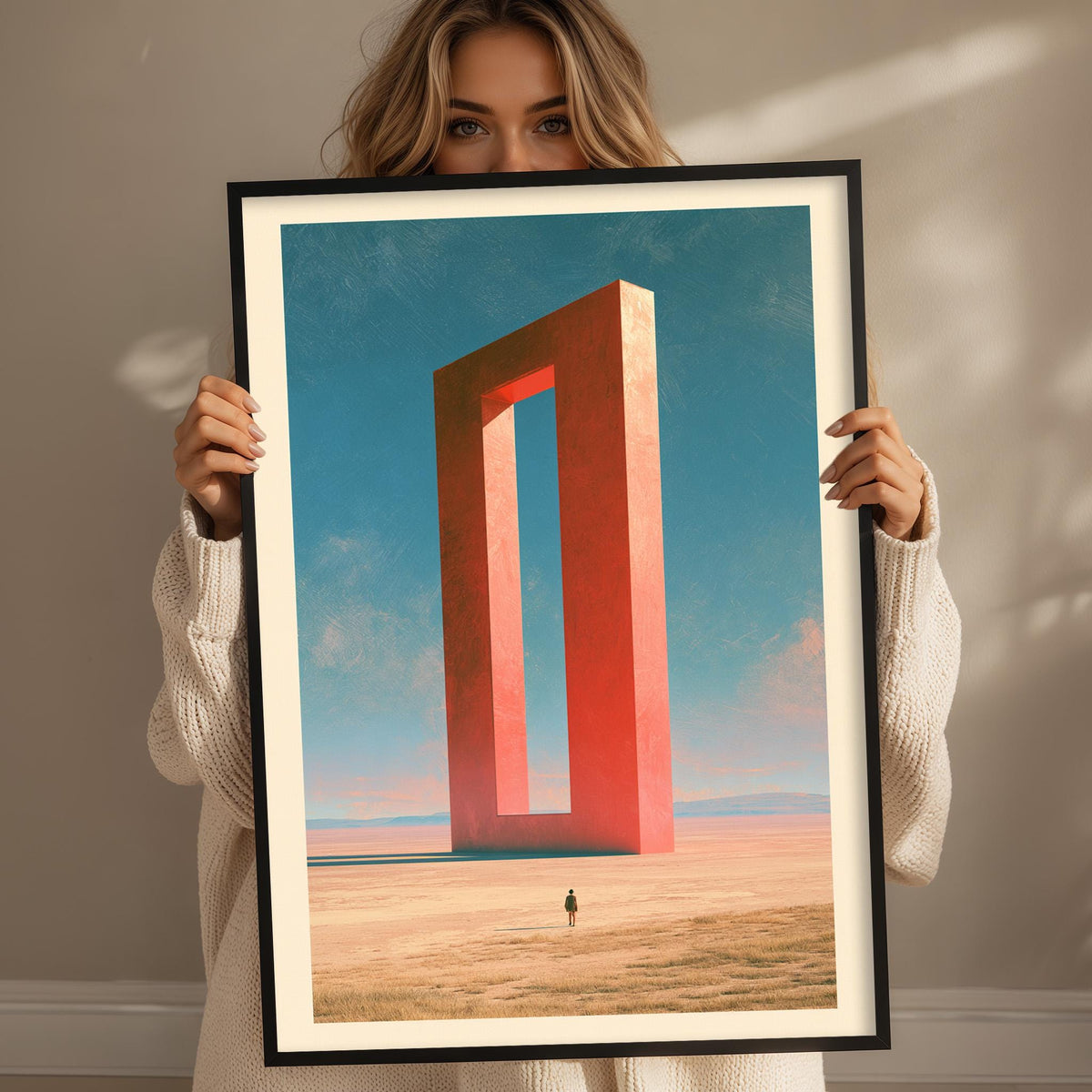 A woman holds up a framed image depicting a large, red, rectangular structure against a desert landscape with a lone figure in the distance.
