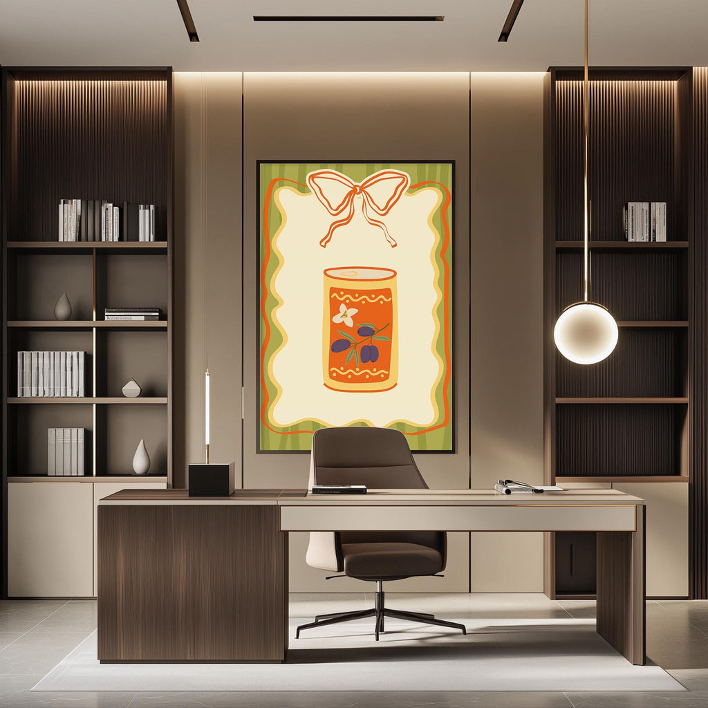 a modern office space with a large, colorful painting of a can of soup hanging on the wall. The office features a wooden desk, a chair, and a bookshelf filled with books. The overall design and decor create a professional and stylish atmosphere.