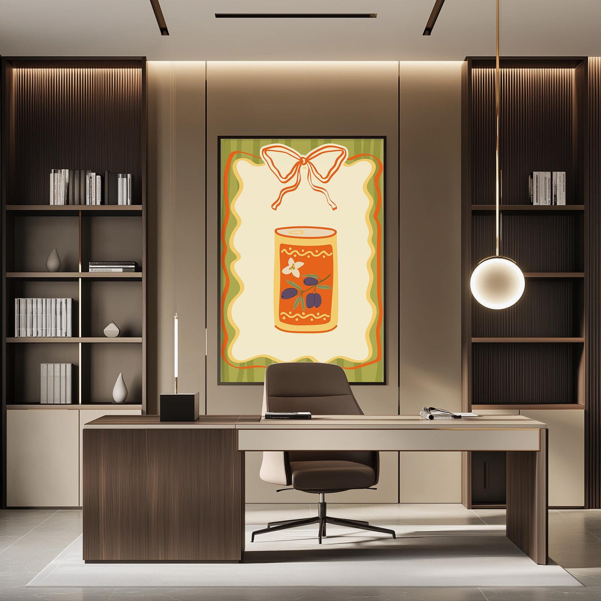 a modern office space with a large, colorful painting of a can of soup hanging on the wall. The office features a wooden desk, a chair, and a bookshelf filled with books. The overall design and decor create a professional and stylish atmosphere.