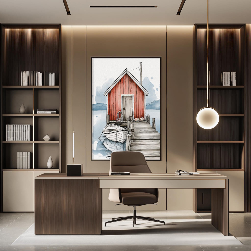 a modern office space with a large wooden desk, a comfortable-looking chair, and a framed painting of a red wooden cabin on the wall.