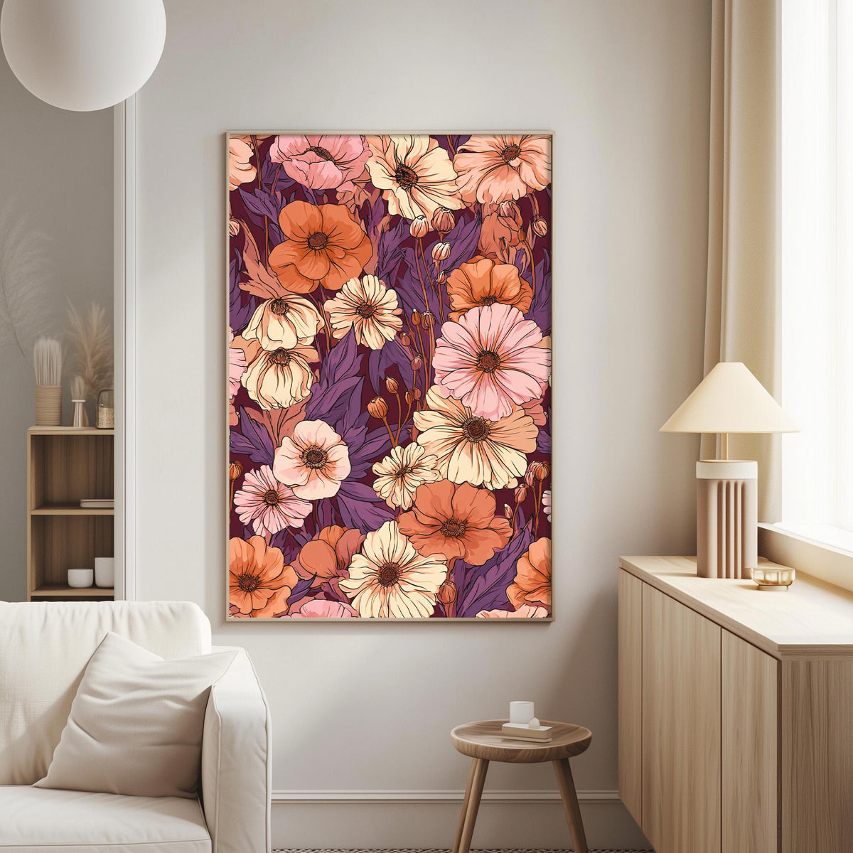 a large floral print hanging on a wall in a living room, with a white sofa and a wooden side table nearby.