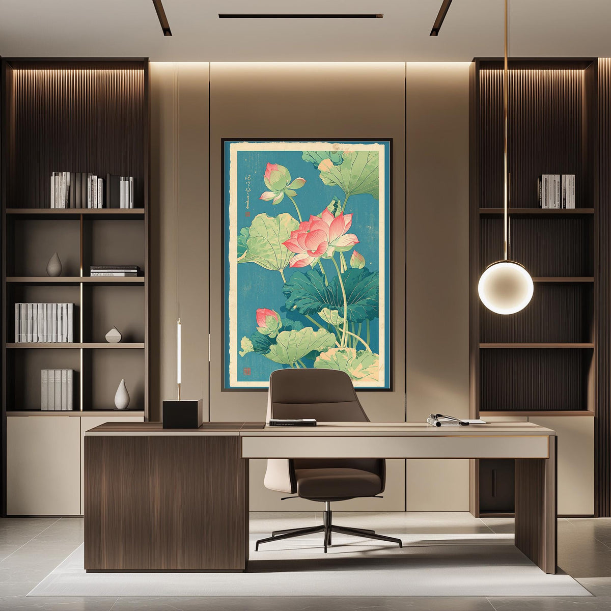 a modern and well-lit office space with a large framed artwork of lotus flowers on the wall, a wooden desk with a chair, and built-in bookshelves.