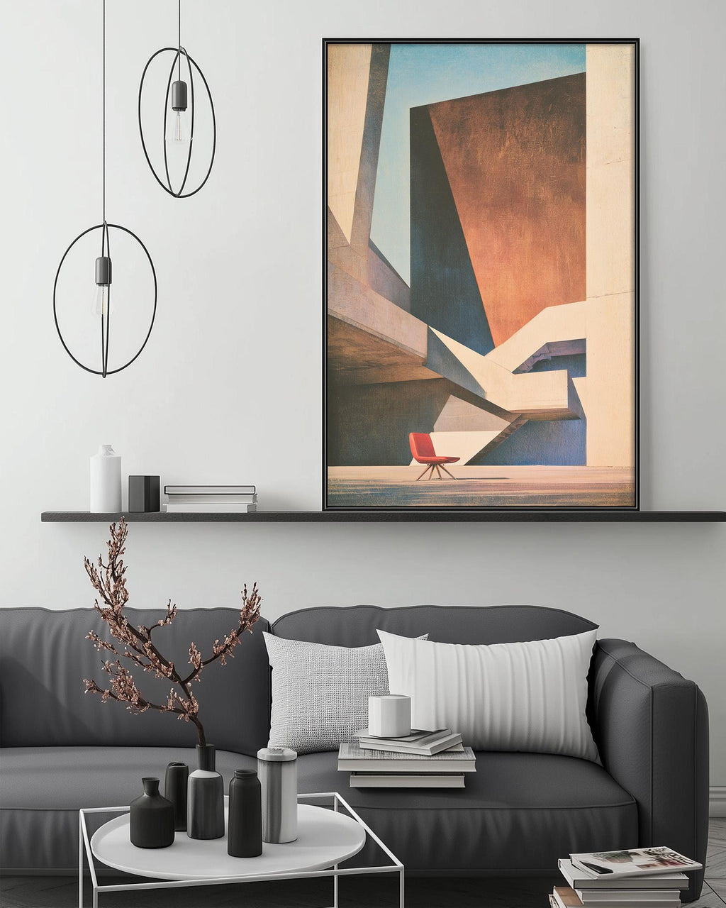 a modern living room with a gray sofa, a coffee table, and a large abstract painting hanging on the wall above the sofa.