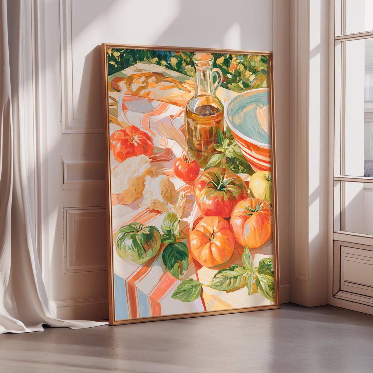 The image is a painting of a table with various food items, including tomatoes, bread, and a bowl of fruit.