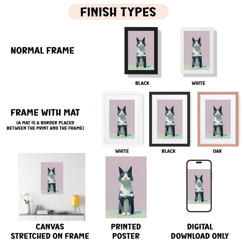 various types of artwork, including a canvas stretched on a frame, a framed poster, and a digital poster. The artwork is presented in different frame colors and styles, such as a normal frame, a black frame, a white frame, and an oak frame. The artwork is also described as a canvas stretched on a frame, a printed poster, and a digital download only. The image is a collage of multiple images, and the text provides information about the different frame types and the artwork displayed.
