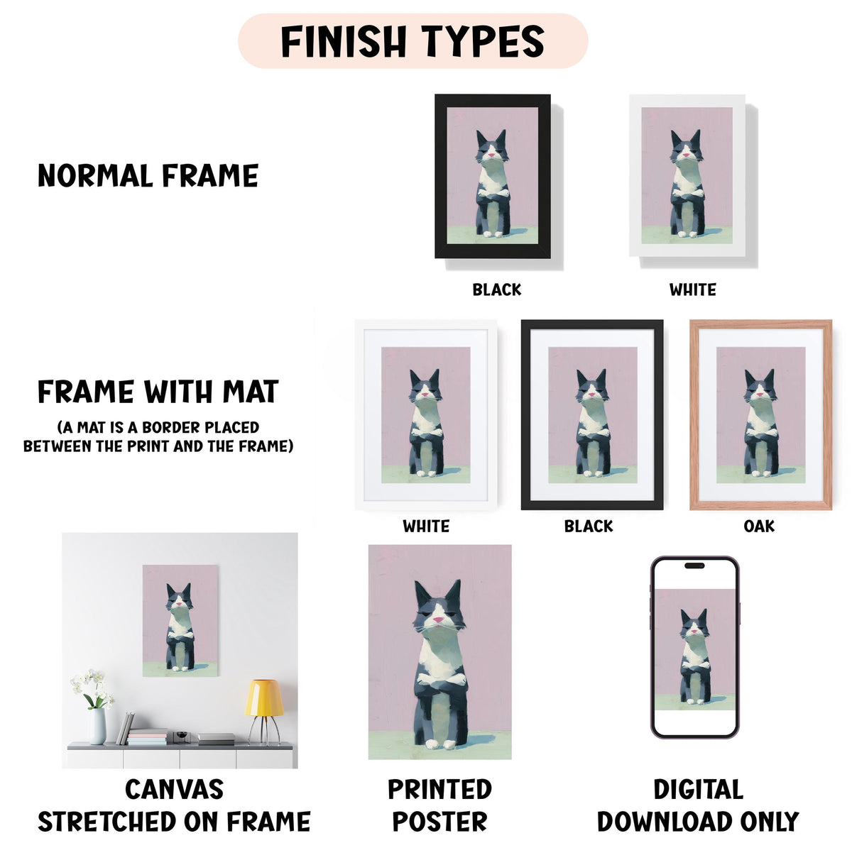 various types of artwork, including a canvas stretched on a frame, a framed poster, and a digital poster. The artwork is presented in different frame colors and styles, such as a normal frame, a black frame, a white frame, and an oak frame. The artwork is also described as a canvas stretched on a frame, a printed poster, and a digital download only. The image is a collage of multiple images, and the text provides information about the different frame types and the artwork displayed.