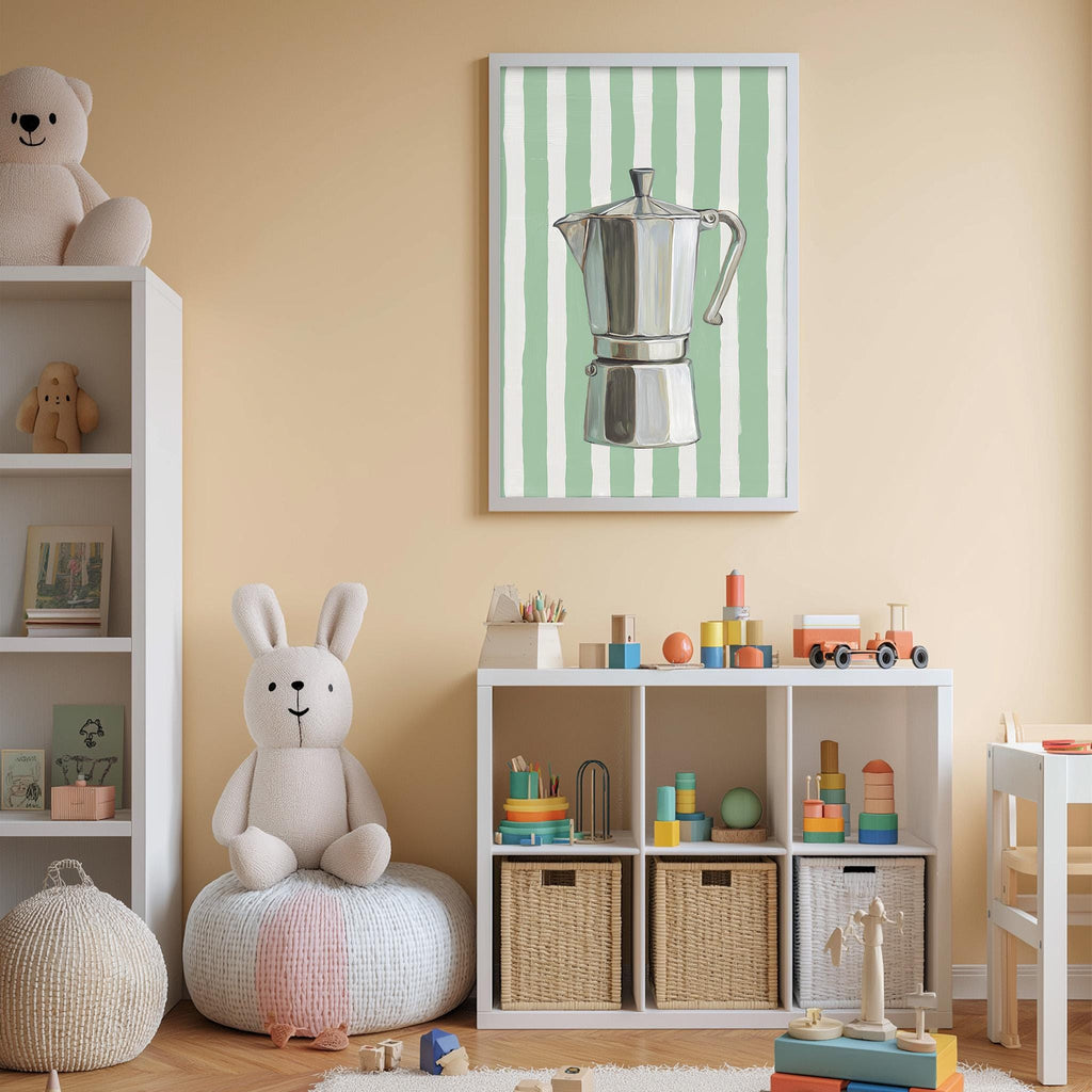 A cozy children's room with a white bookshelf, a stuffed rabbit, and a framed picture of a silver coffee pot on the wall.