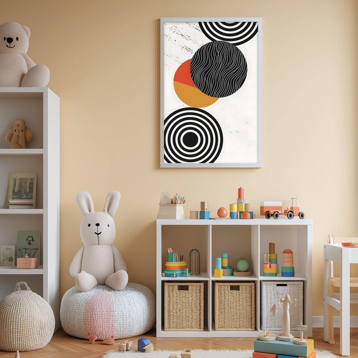 A child's playroom with a white bookshelf, a stuffed rabbit, and a colorful abstract artwork on the wall.