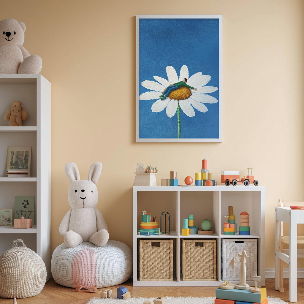 A cozy children's room with a white rabbit sitting on a bean bag chair, surrounded by a variety of toys and storage bins. A framed picture of a flower is displayed on the wall, and a shelf holds additional stuffed animals and toys.