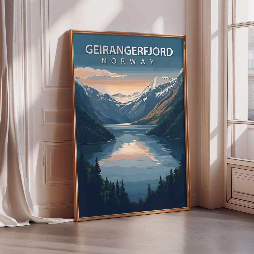 A framed poster depicting a scenic landscape with mountains, a lake, and a sunset sky, with the text "GEIRANGERFJORD NORWAY" prominently displayed.