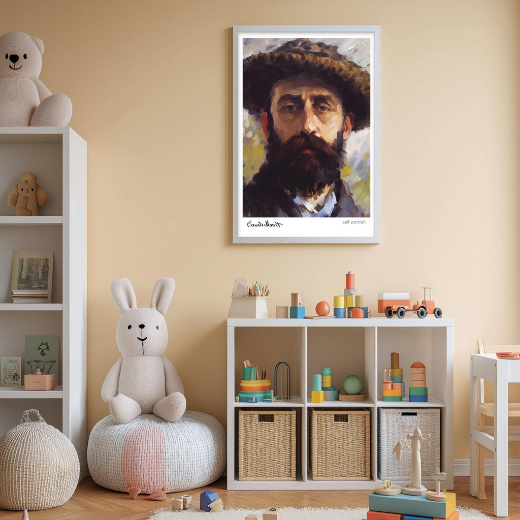 A child's bedroom with a large framed portrait of a bearded man hanging on the wall, surrounded by shelves filled with toys and storage bins.