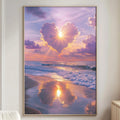 a serene beach scene with a heart-shaped cloud formation in the sky, reflecting the warm colors of the setting sun.
