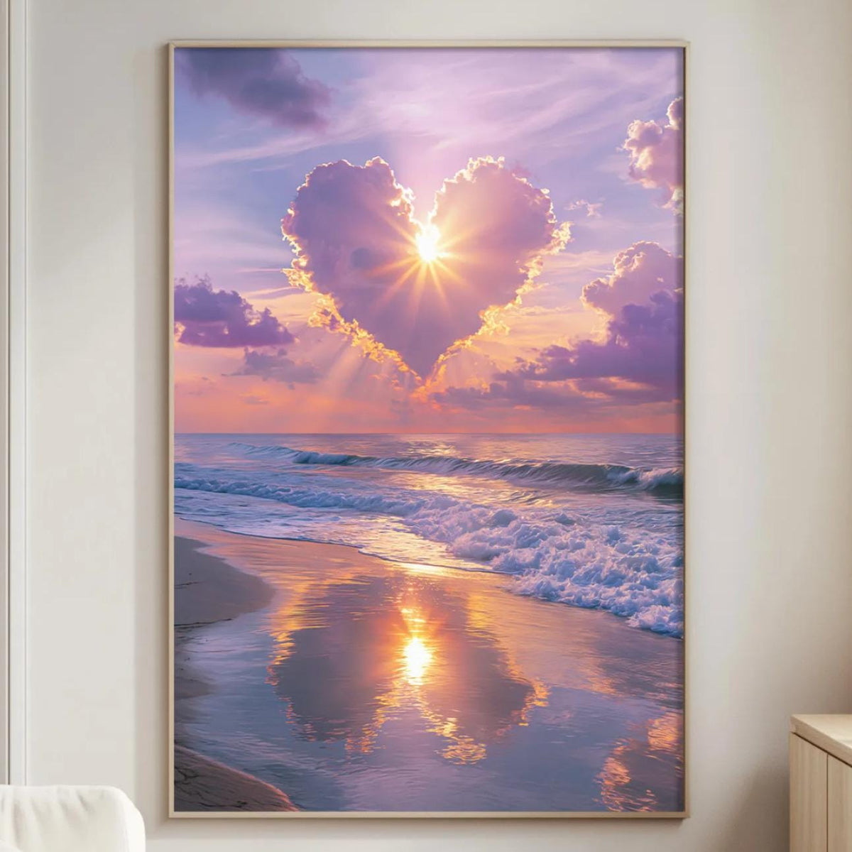 a serene beach scene with a heart-shaped cloud formation in the sky, reflecting the warm colors of the setting sun.