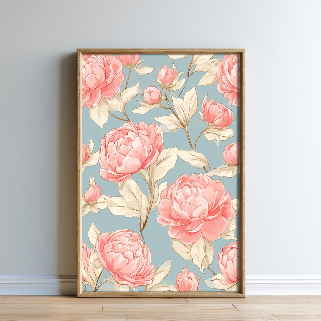 A framed print of a floral pattern with pink peonies and leaves against a light blue background.