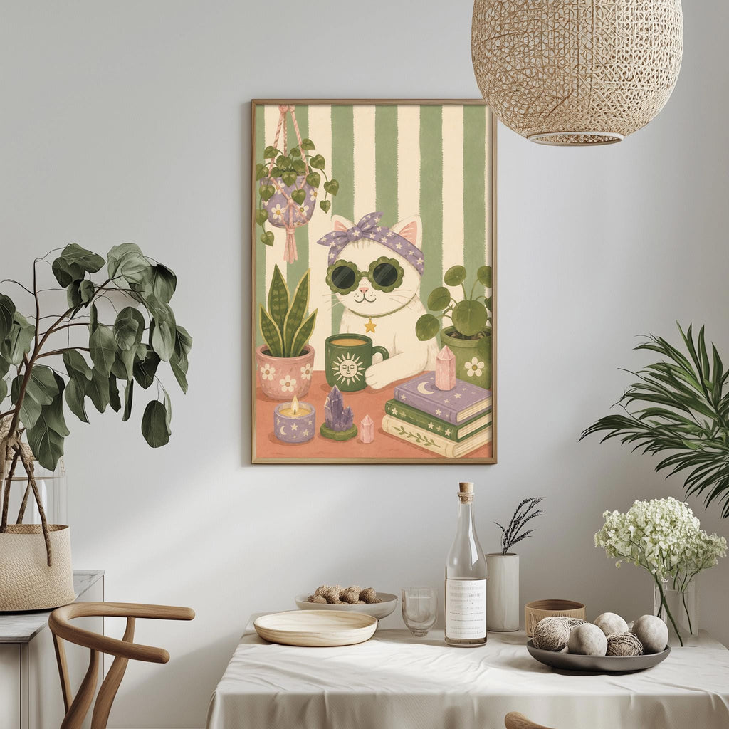 a cozy and whimsical indoor setting with a framed illustration of a cat wearing sunglasses, surrounded by potted plants, a table with various items, and a hanging light fixture.