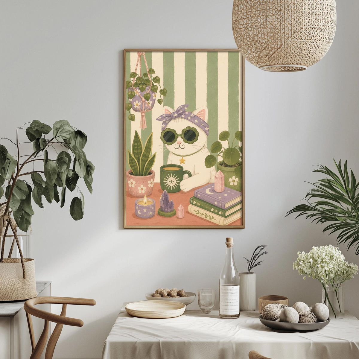 a cozy and whimsical indoor setting with a framed illustration of a cat wearing sunglasses, surrounded by potted plants, a table with various items, and a hanging light fixture.