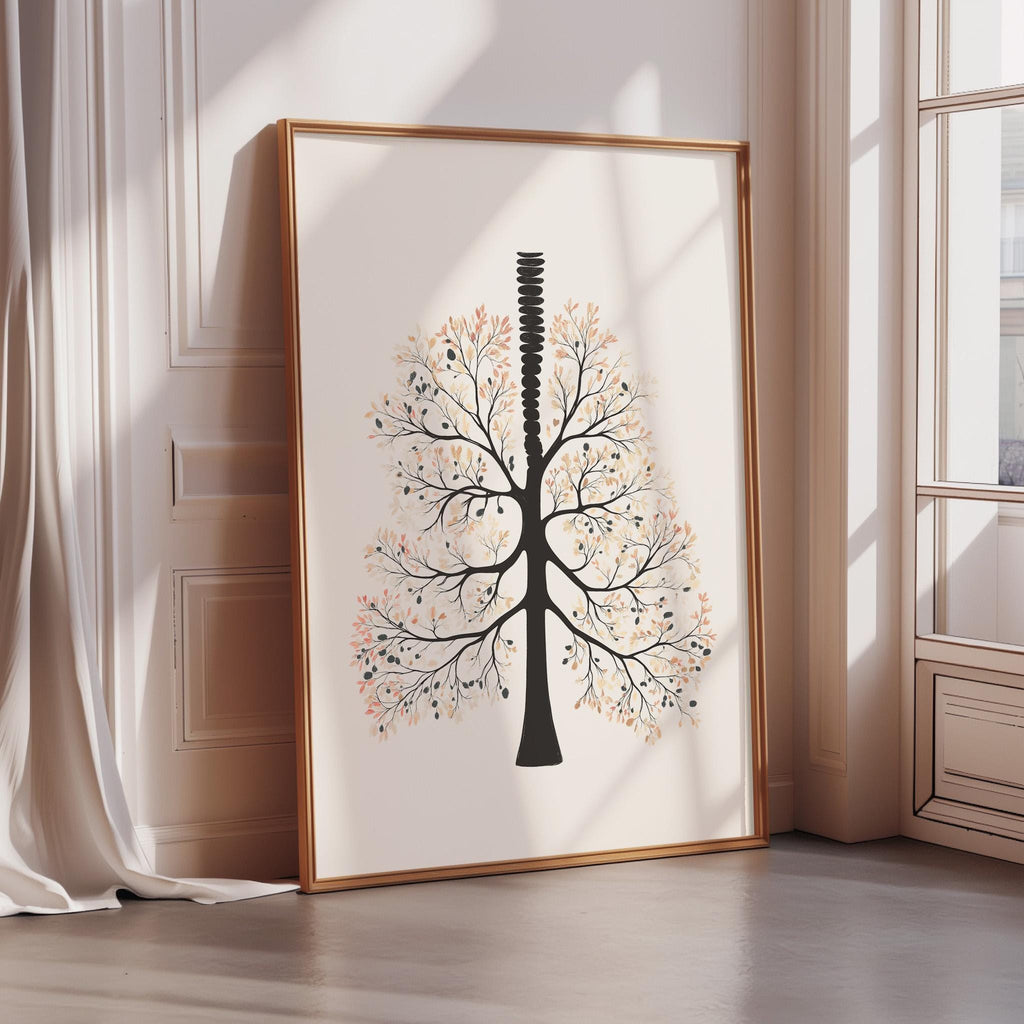 A framed artwork depicting a stylized tree with intricate branches and leaves is displayed on a wall in a room with a window.
