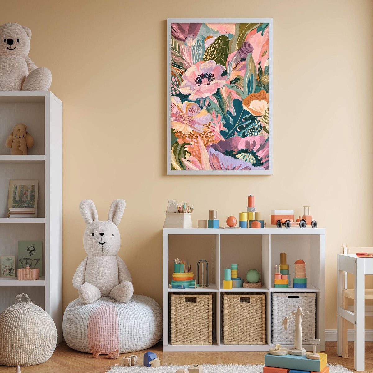 A cozy and colorful children's bedroom with a large floral print on the wall, a white bookshelf filled with toys, and a plush rabbit sitting on a bean bag chair.