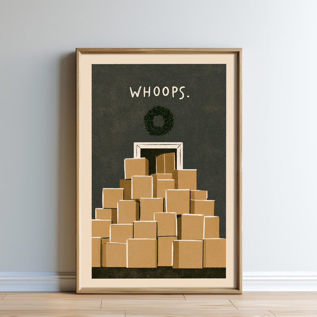 The image is a framed illustration depicting a stack of brown boxes against a dark background, with the text "WHOOPS" written above the stack.