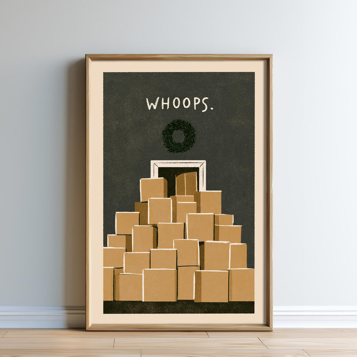 The image is a framed illustration depicting a stack of brown boxes against a dark background, with the text "WHOOPS" written above the stack.
