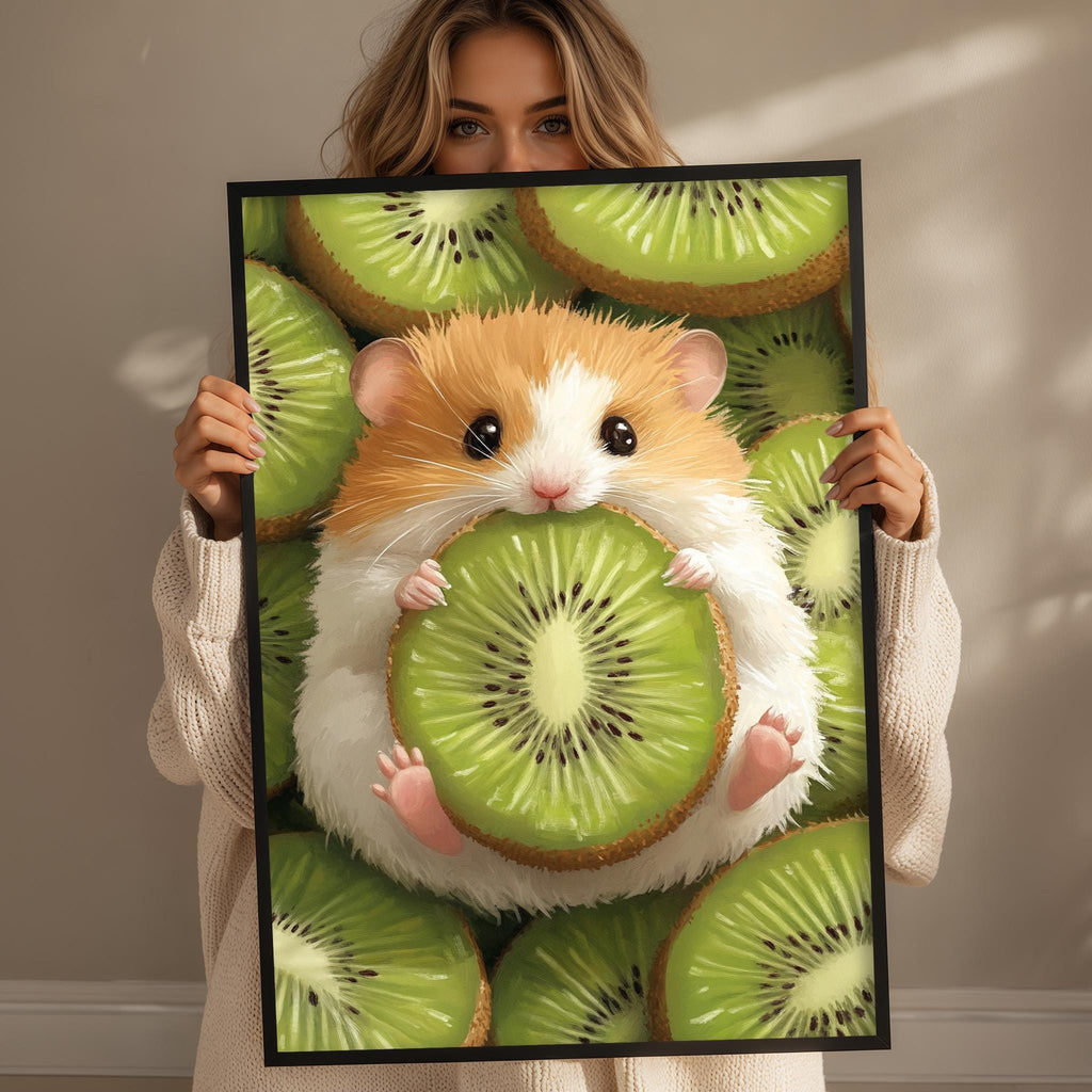 A woman holds up a framed print featuring a hamster holding a slice of kiwi fruit.