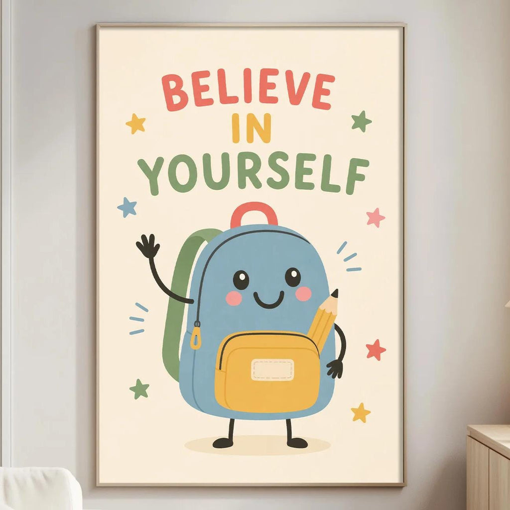 a poster with a cartoon backpack and the text "Believe in yourself" on a wall in a living room.