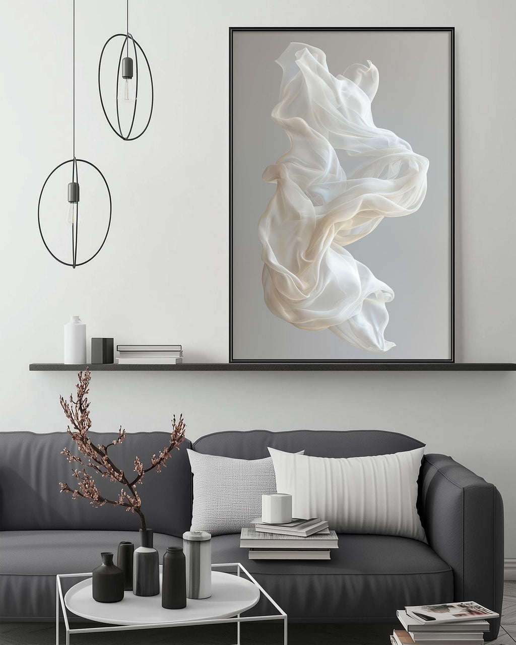 a modern living room with a gray sofa, a coffee table, and a large abstract painting hanging on the wall above the sofa.