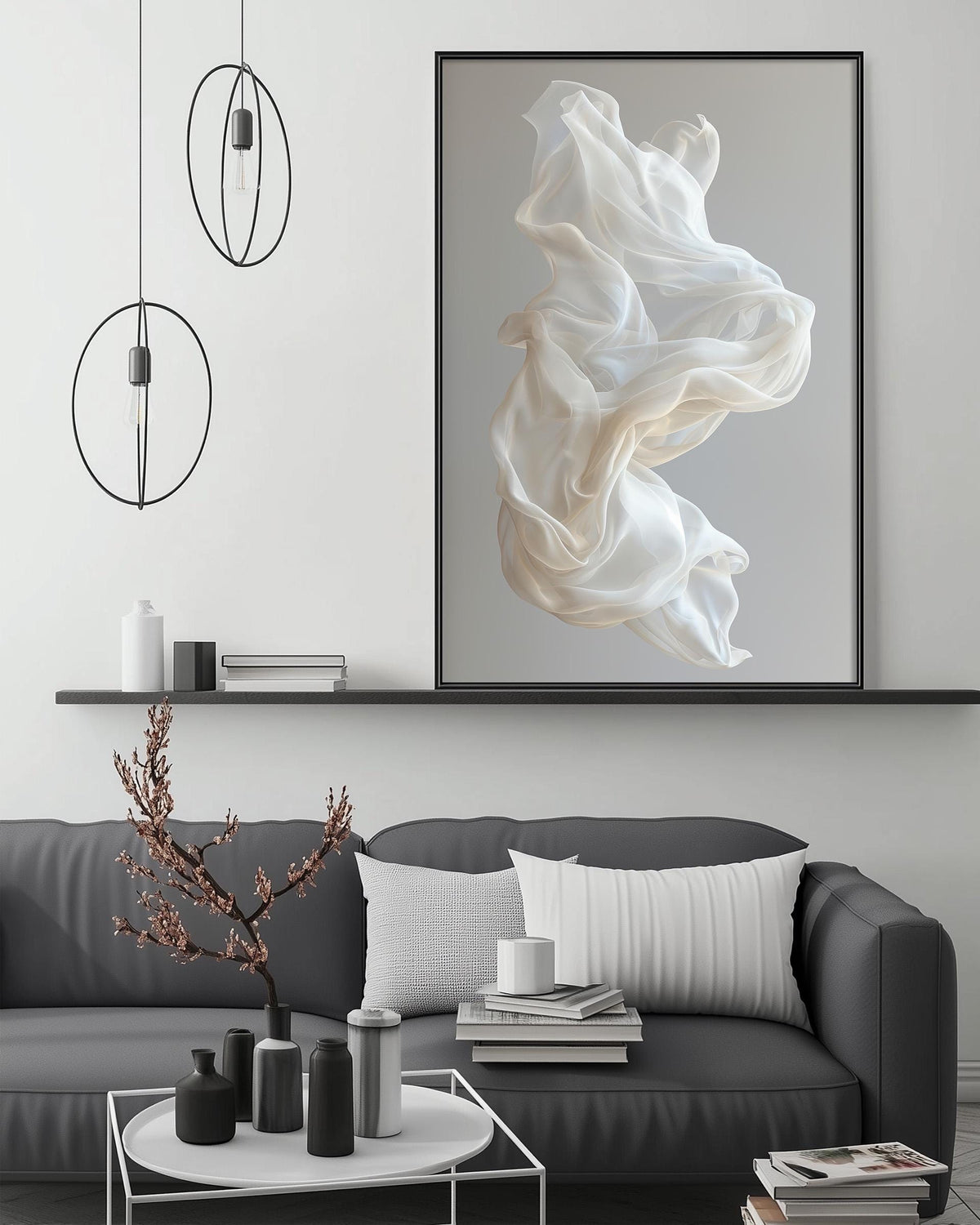 a modern living room with a gray sofa, a coffee table, and a large abstract painting hanging on the wall above the sofa.