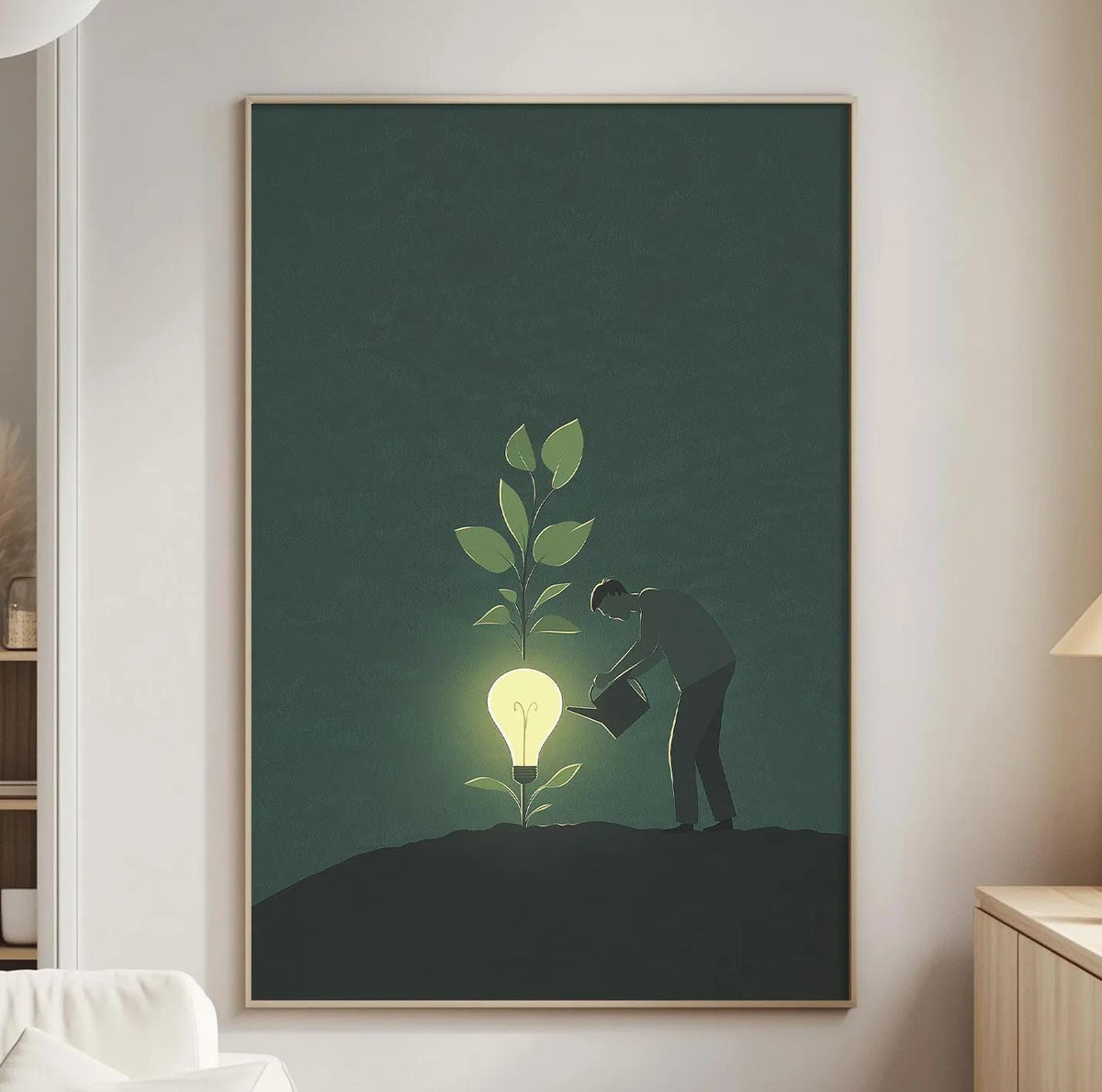 a person tending to a plant with a glowing light bulb, symbolizing the idea of nurturing and growing something.
