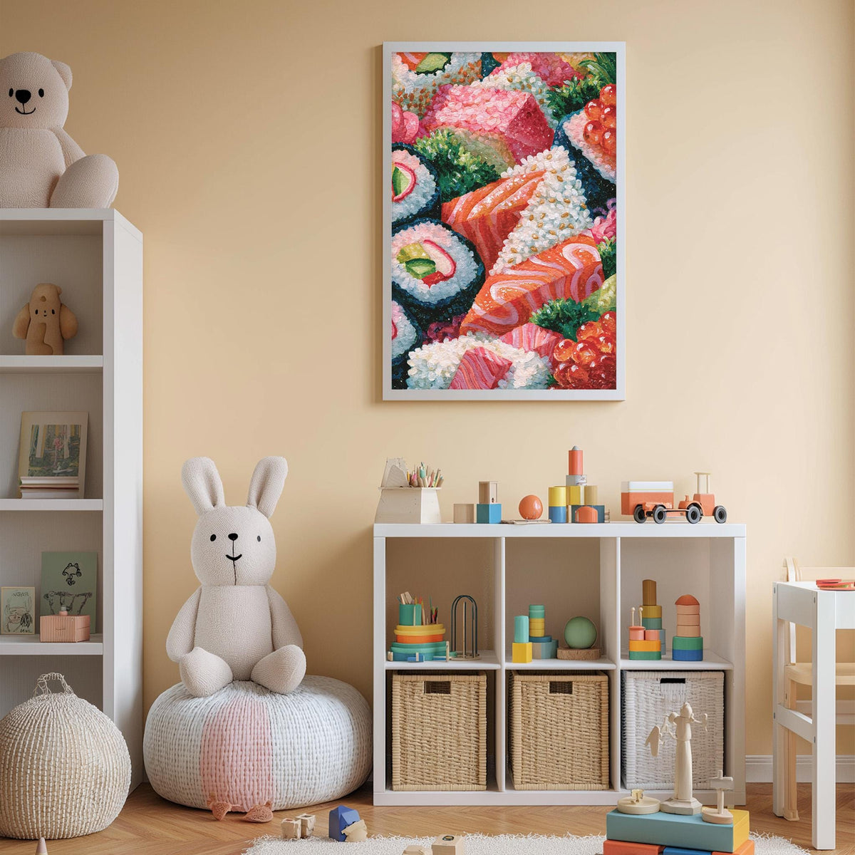 A child's bedroom with a white bookshelf, a stuffed rabbit, and a colorful painting of sushi on the wall.