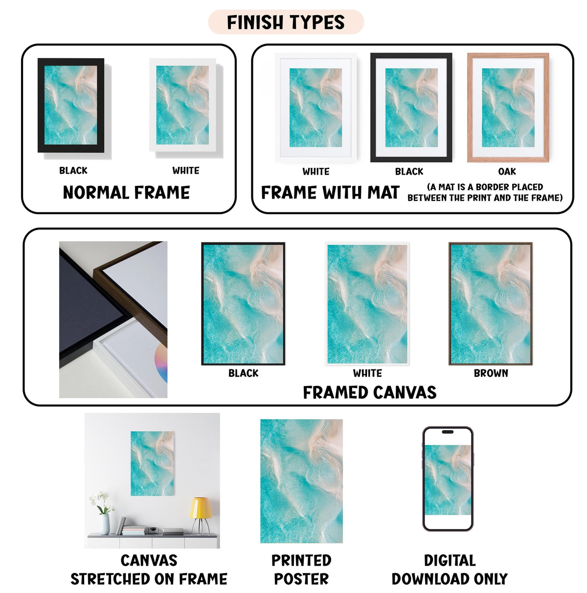 various finish types for canvas and framed canvas art, including black, white, black and white, white, black, white and mat, framed canvas, stretched canvas, printed poster, and digital download only.
