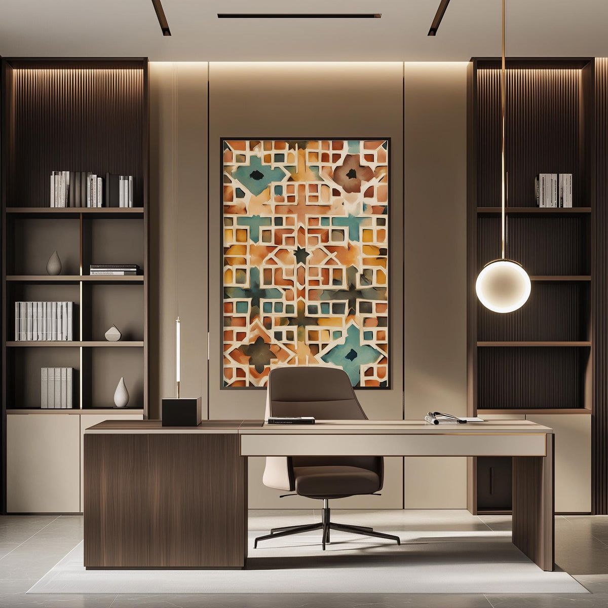 a modern and stylish office space with a large abstract painting on the wall, a wooden desk with a chair, and built-in bookshelves.