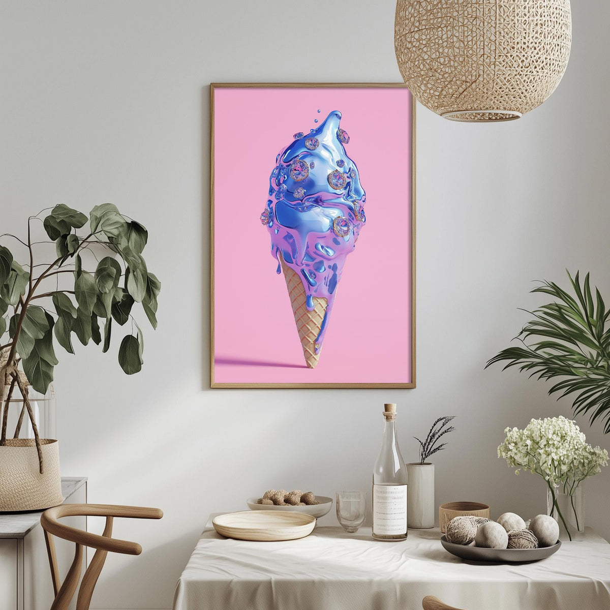 a pink background with a large, colorful ice cream cone as the central focus. The ice cream cone is dripping with a blue and purple liquid, creating a visually striking and vibrant scene. The image is framed and hung on a wall, with a dining table and chairs visible in the foreground.