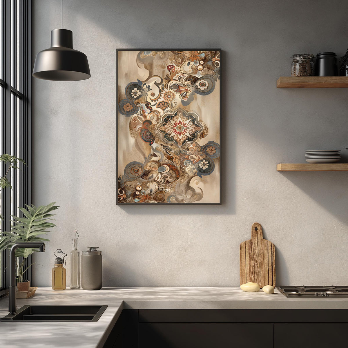 a modern kitchen with a large, colorful abstract painting hanging on the wall above a wooden cutting board and other kitchen items.