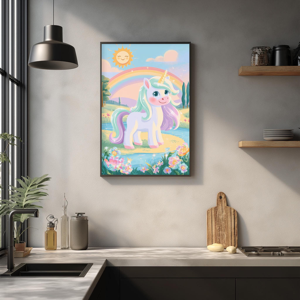 a framed illustration of a unicorn in a whimsical landscape, hanging on a wall above a kitchen counter.