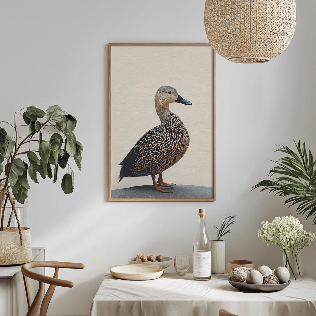 a dining table with a bowl of fruit, a bottle, and a vase of flowers, along with a framed picture of a duck hanging on the wall.
