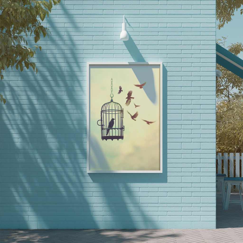 a blue brick wall with a framed picture of a birdcage containing a bird inside, and a group of birds flying outside the cage.