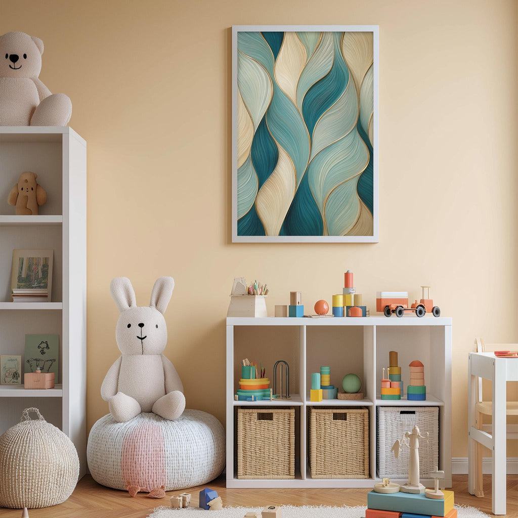 A cozy and colorful children's bedroom with a large stuffed rabbit, a bookshelf, and a toy storage unit filled with toys and books.