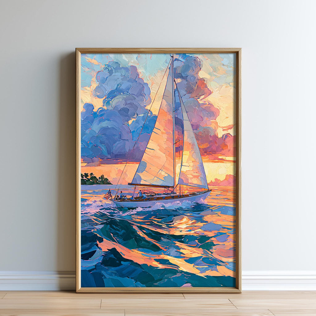 A framed painting depicting a sailboat on the water at sunset, with vibrant colors and a dramatic sky.