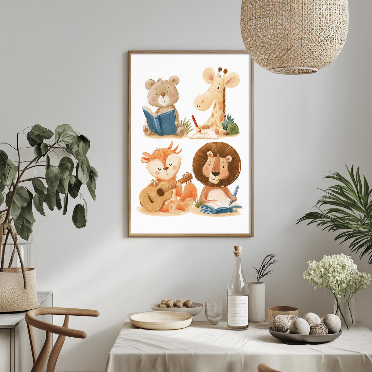 a framed collage of four animal illustrations, including a giraffe, lion, bear, and rabbit, each engaged in different activities. The collage is displayed on a wall above a dining table, which is set with various items such as a bottle, a bowl, and a vase.