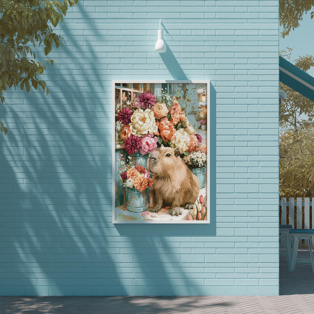 A large, square painting depicting a beige dog sitting in a vase filled with colorful flowers, set against a blue brick wall.