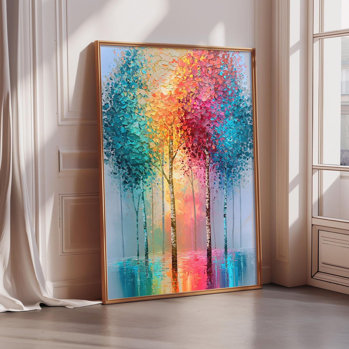 A large, vibrant painting of trees in a forest, with a colorful and abstract representation of nature.