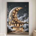 a large, whimsical painting of a crescent moon with a building-like structure on its surface, surrounded by stars and clouds. The painting is displayed on a wall in a living room setting, with a white couch and a wooden side table visible in the background.