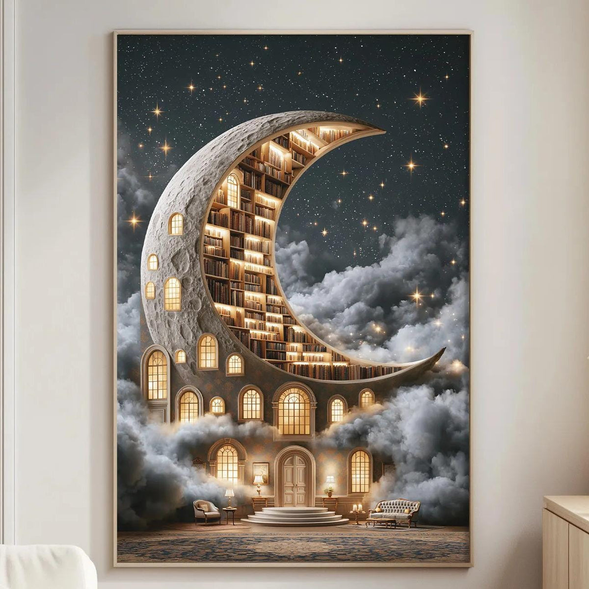 a large, whimsical painting of a crescent moon with a building-like structure on its surface, surrounded by stars and clouds. The painting is displayed on a wall in a living room setting, with a white couch and a wooden side table visible in the background.