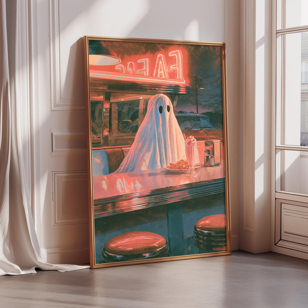 The image is a framed painting depicting a ghost sitting at a diner counter, with a neon sign above the counter that reads "FAKE".