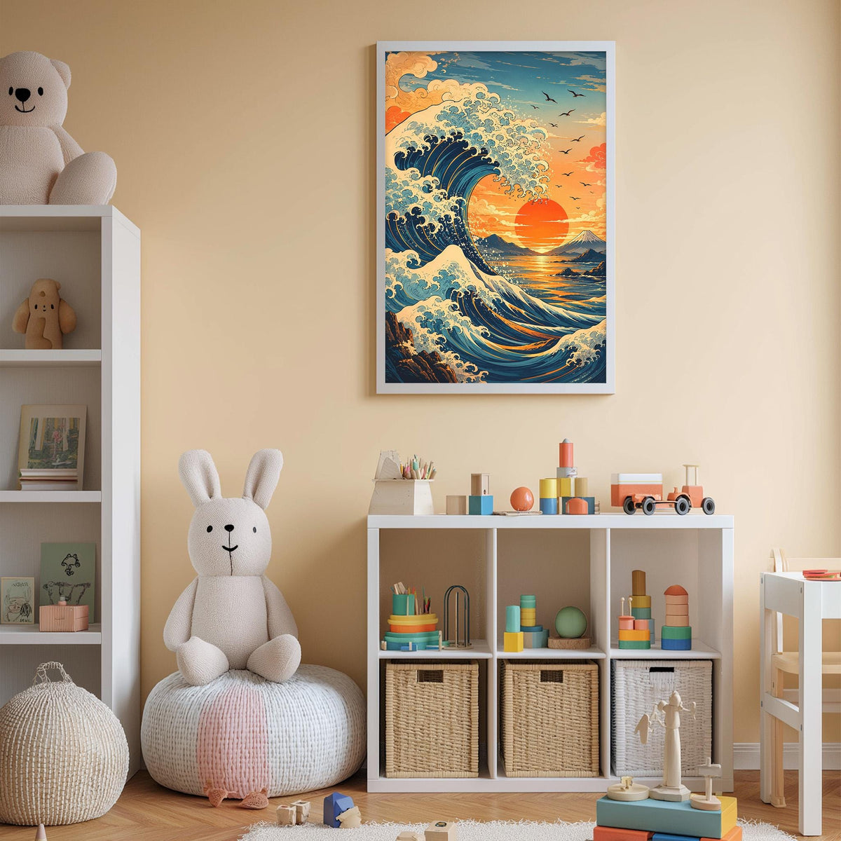 A child's bedroom with a large wall-mounted painting depicting a vibrant ocean scene, a white bookshelf filled with toys, and a white bean bag chair.