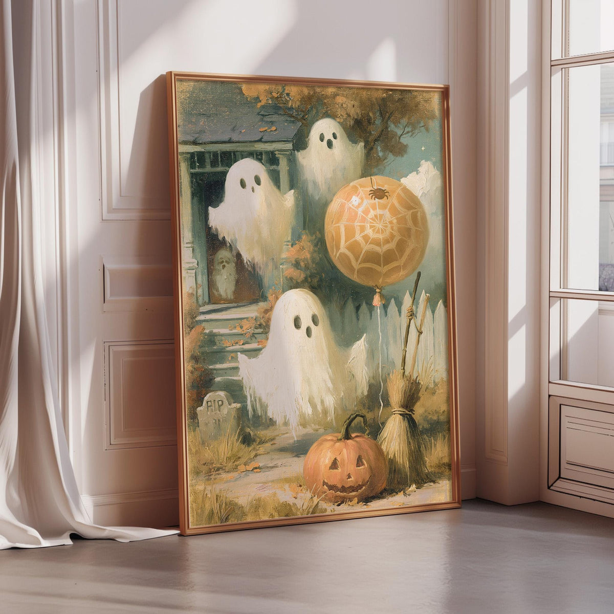 a Halloween-themed painting of a group of ghostly figures and a jack-o-lantern, set against a backdrop of a house and a tree.