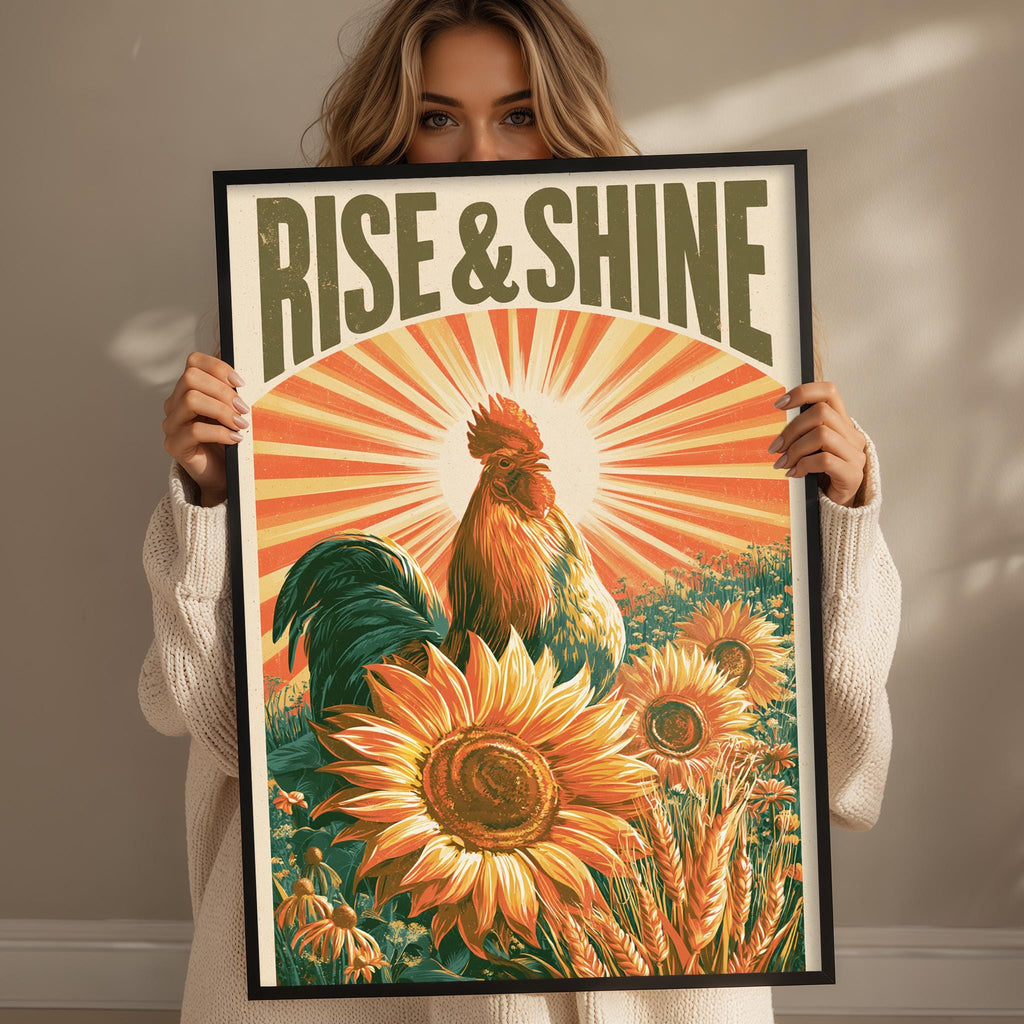 A woman holds up a framed poster with a vibrant illustration of a rooster surrounded by sunflowers and a radiant sunburst.