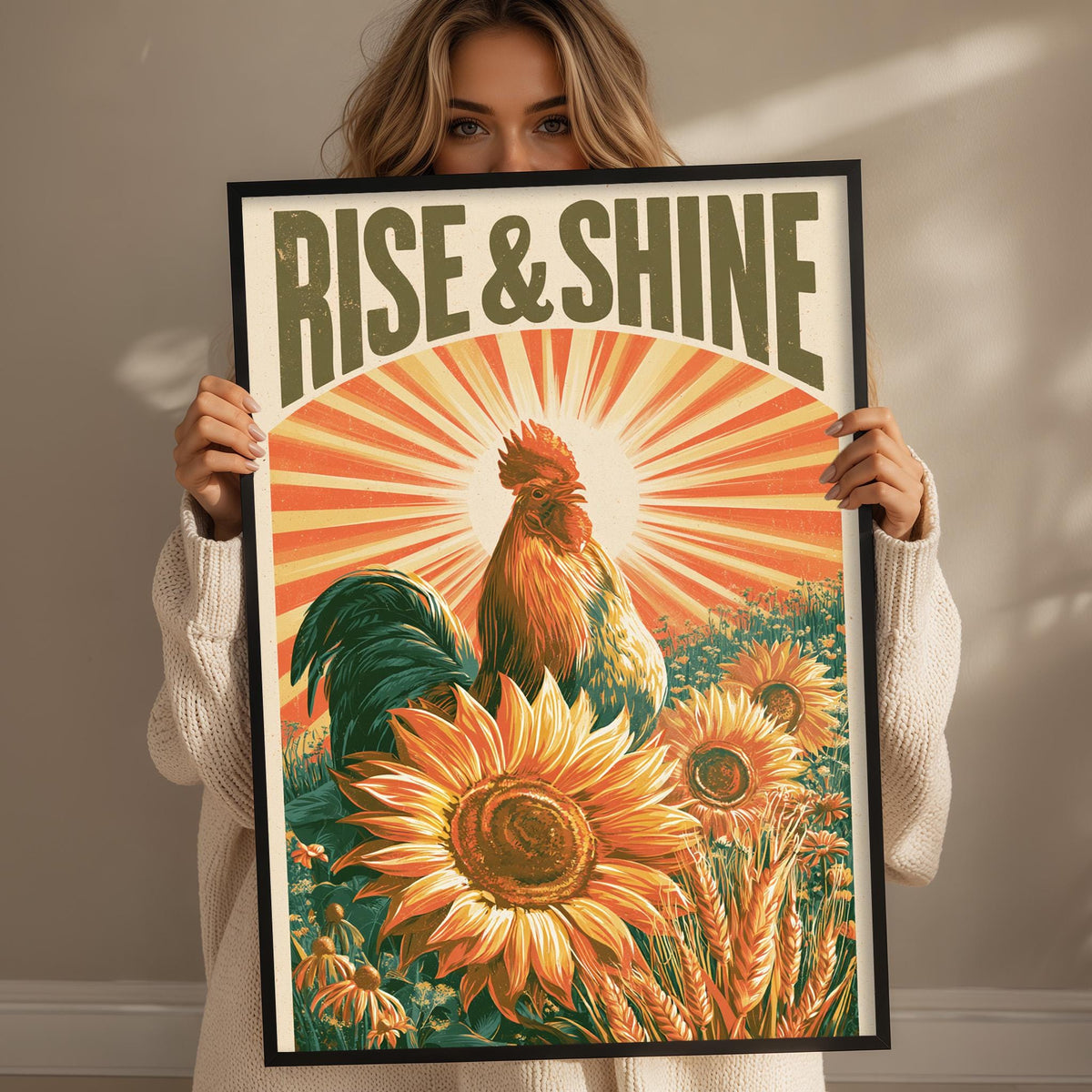 A woman holds up a framed poster with a vibrant illustration of a rooster surrounded by sunflowers and a radiant sunburst.